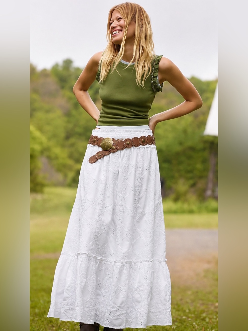 Boho Brown Leather Concho Waist Belt with Brass Medallion - Picture 12 of 12